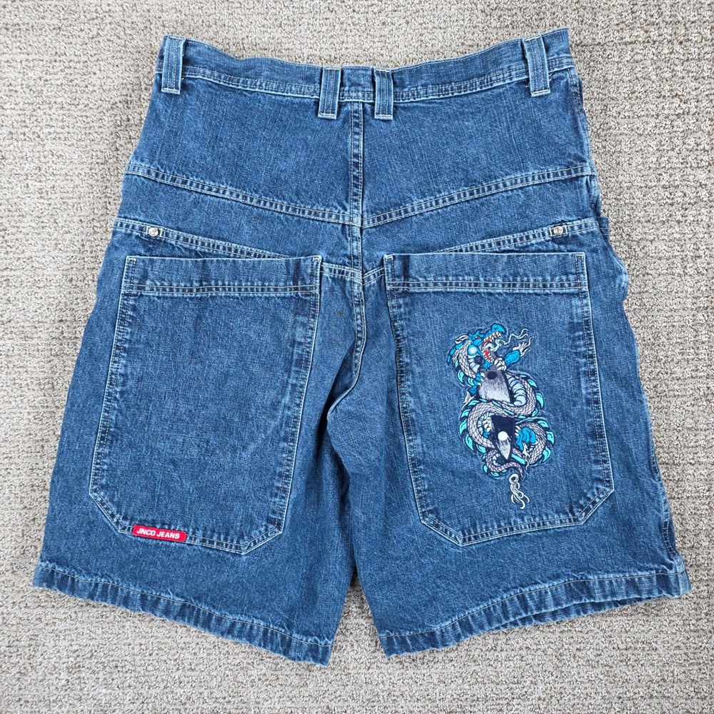 JNCO Jeans Dragon‎ Embroidered Baggy Jorts Shorts Mens 36 Blue Vintage Y2K Skate